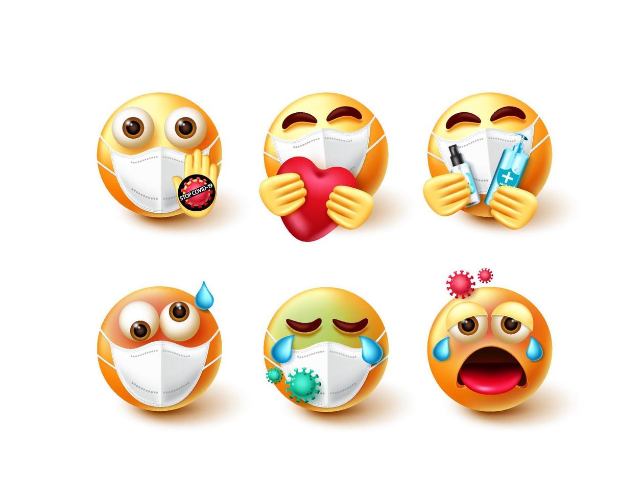 Covid-19 emoticon vector set. Emojis 3d character in care, sick and infected emotions with face mask and sanitizer element for stop covid campaign emoticons collection design. Vector illustration