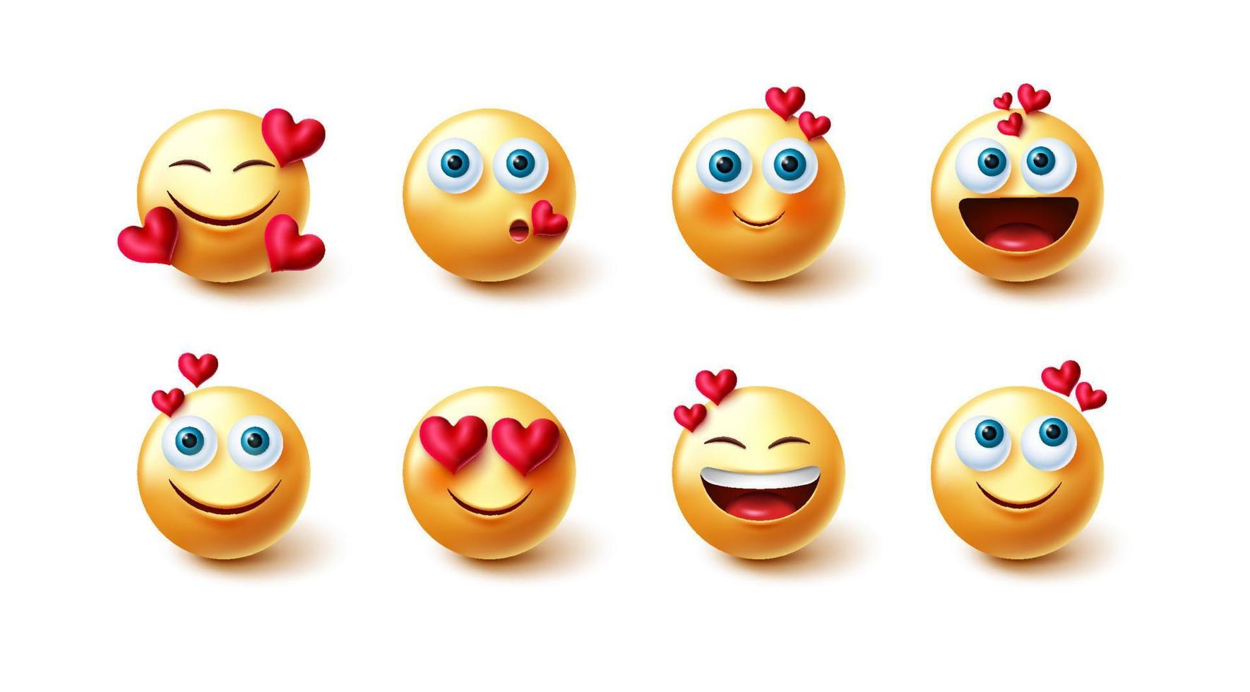 Emojis valentines vector set. Inlove 3d emoji characters with hearts element in yellow faces reaction for graphic design collection isolated in white background. Vector illustration.