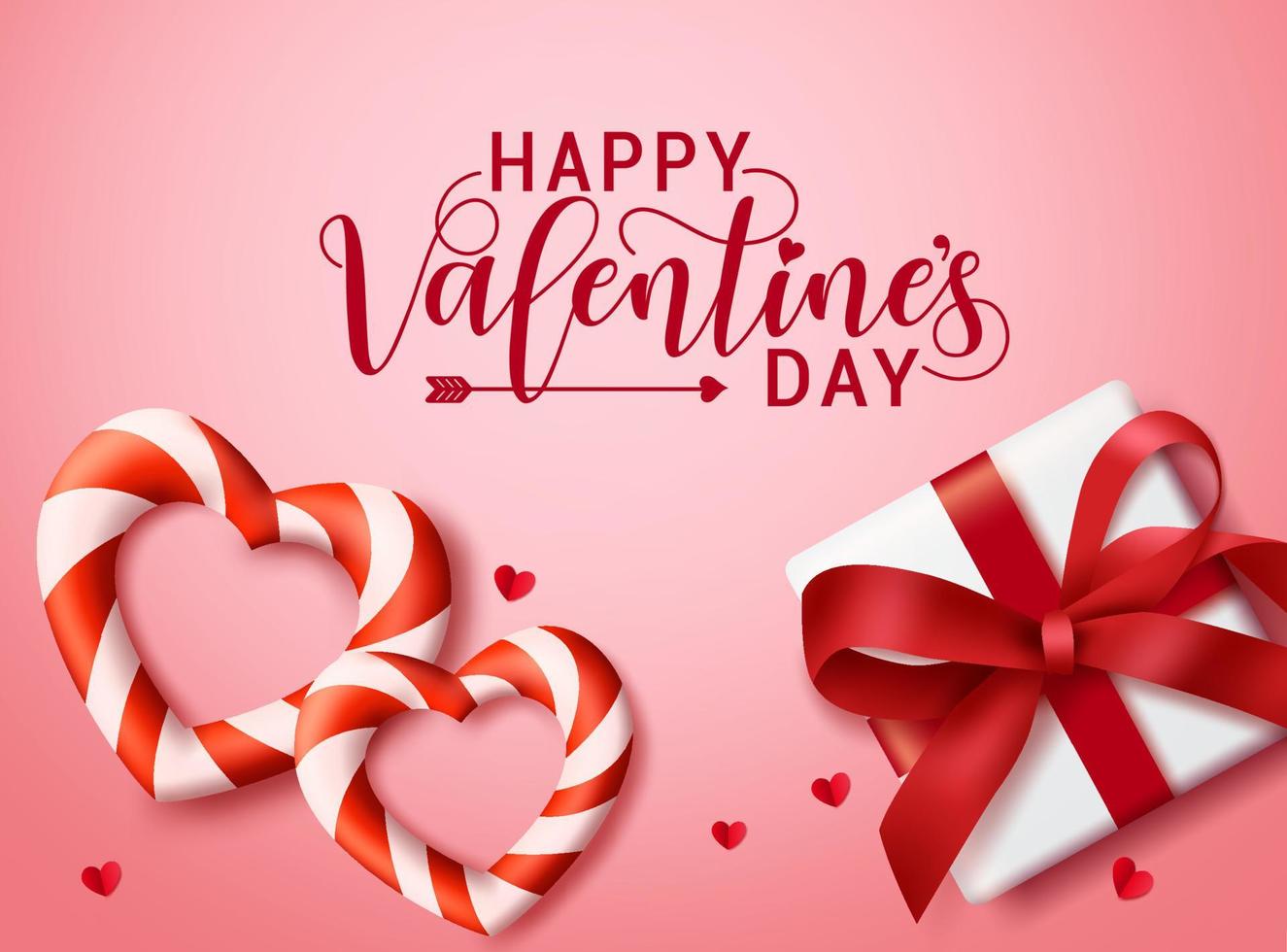Happy valentines day vector banner template. Valentines greeting text with hearts shape candy, heart paper cut and gift with ribbon or lasso valentine elements in red background. Vector illustration.