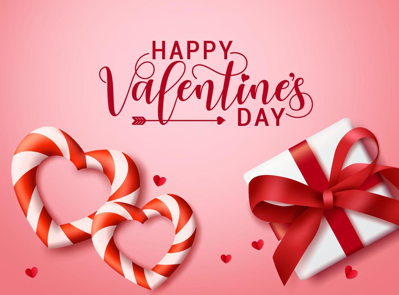 Plantilla de banner de vector de feliz día de San Valentín. texto de saludo de San Valentín con dulces en forma de corazones, corte de papel de corazón y regalo con cinta o lazo elementos de San Valentín en fondo rojo. ilustración vectorial.