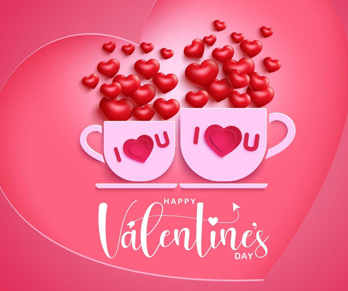 Diseño de fondo de vector de taza de San Valentín. Texto de feliz día de san valentín con papel de taza de pareja cortado con elemento de corazón 3d para la cita de café romántico del día de san valentín. ilustración vectorial