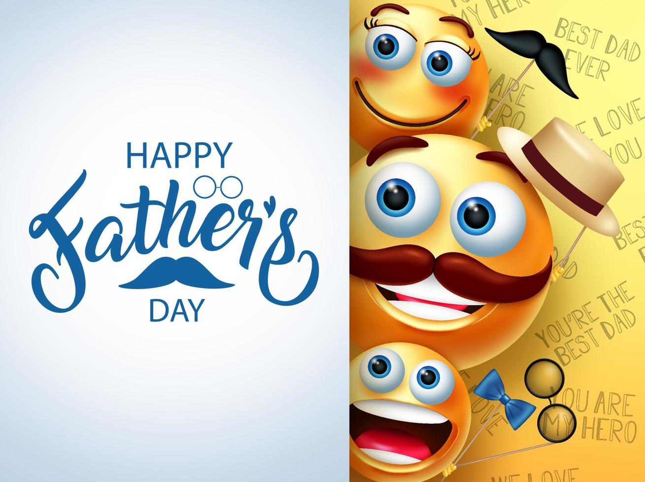 diseño de plantilla de vector de emoji del día del padre. Texto del feliz día del padre en un espacio vacío blanco con carácter 3d de padre, madre e hijos para el diseño de celebración del día de los padres. ilustración vectorial