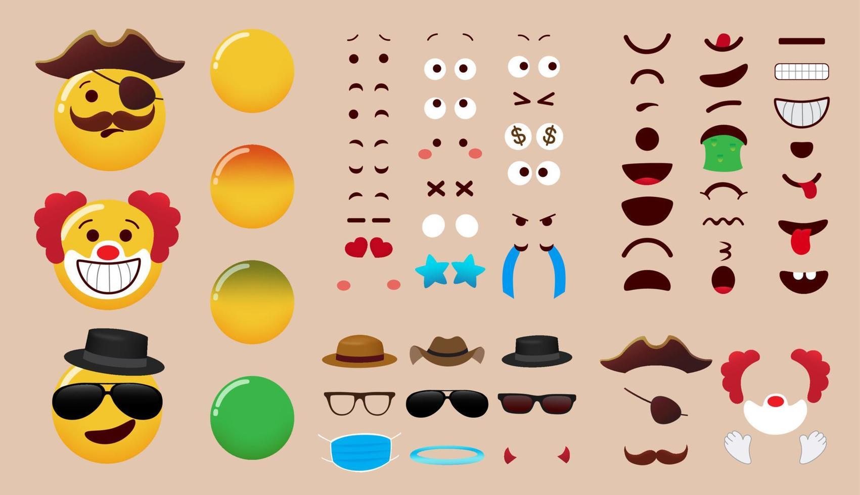 diseño de conjunto de vectores de creador de emoji. Kit de personajes de emoticonos con ojos, boca y elementos editables de vestuario para la colección de piezas de expresión facial de emojis. ilustración vectorial.