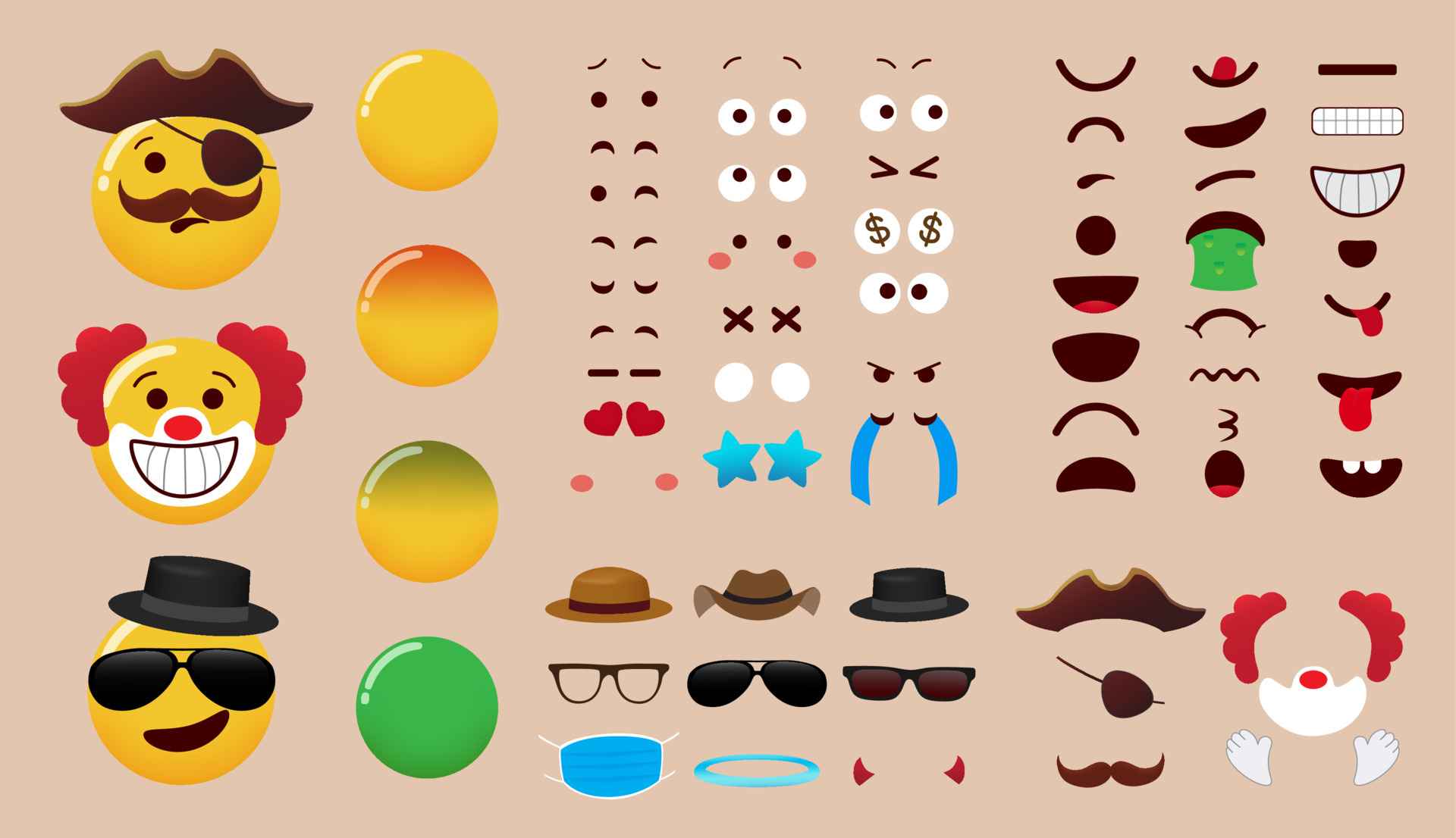 Emoji creator vector set design. Emoticon character kit with eyes