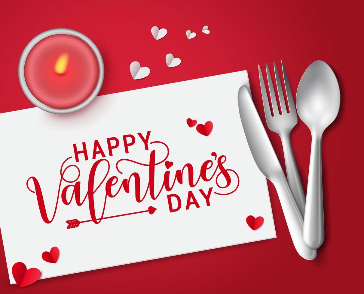 Valentines greeting card vector background concept. Happy valentines day greeting typography text in white card with heart, candle light and silverware elements of spoon, fork and knife romantic date.