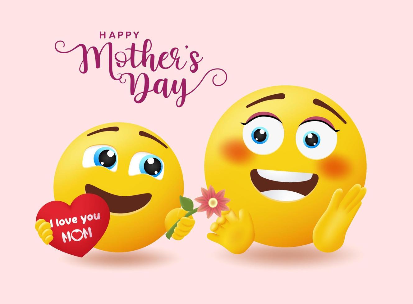 Emojis mother's day greeting vector design. Happy mothers day text with emoticon child giving flower gift for mom's day emoji celebration present and messages. Vector illustration.