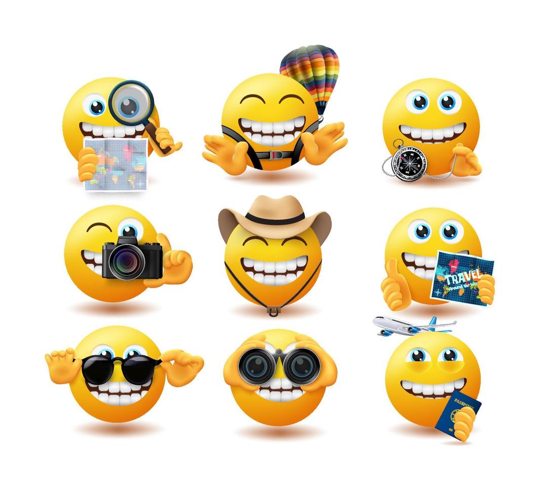 Emoji travel emoticons vector set. Emojis travelling characters with