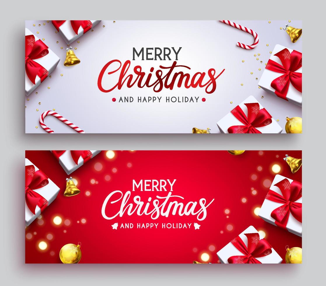 Merry christmas vector banner set. Merry Christmas greeting text with gifts, candy canes, bells and balls elements for xmas season card design collection. Vector illustration.