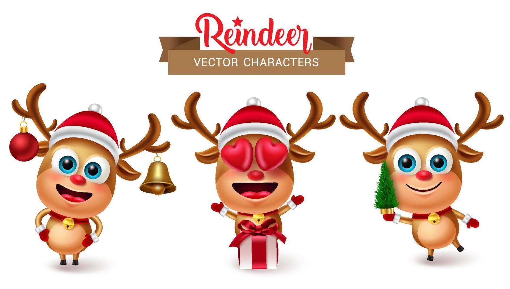 Conjunto de vectores de caracteres navideños de renos. Personajes de renos en lindo 3d enamorados y sosteniendo el elemento del árbol de Navidad para el diseño de la colección de ciervos de la temporada navideña. ilustración vectorial.