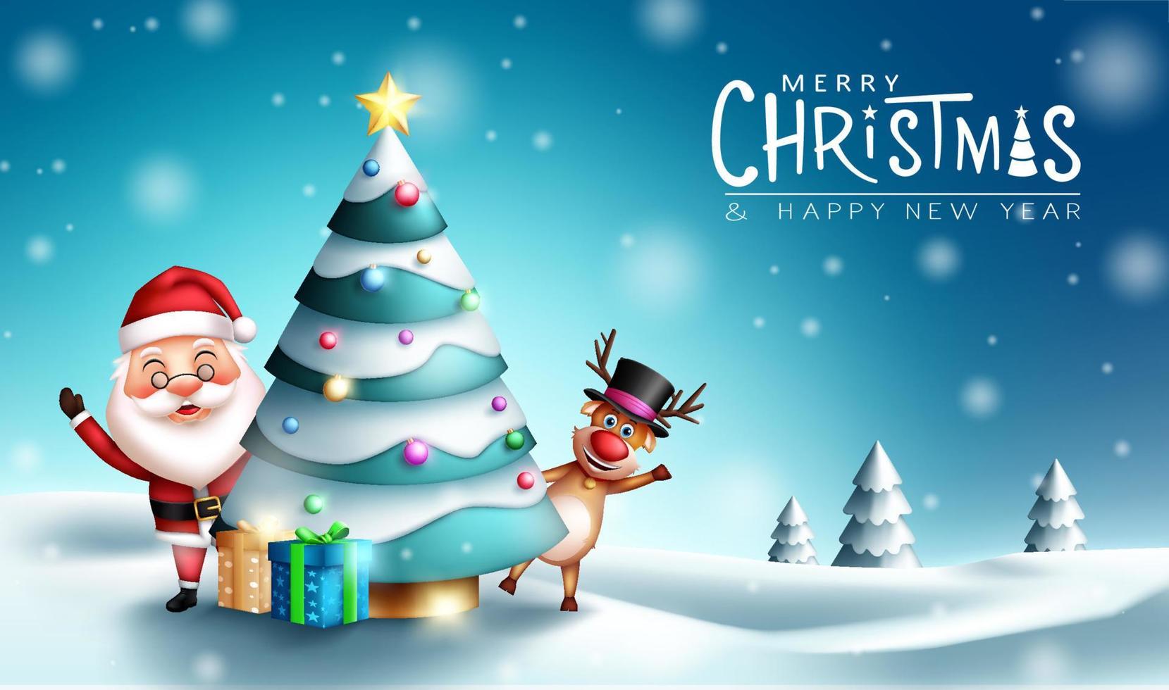 Christmas characters vector design. Merry christmas greeting text with santa claus and reindeer character waving behind xmas tree for outdoor snowy holiday season. Vector illustration