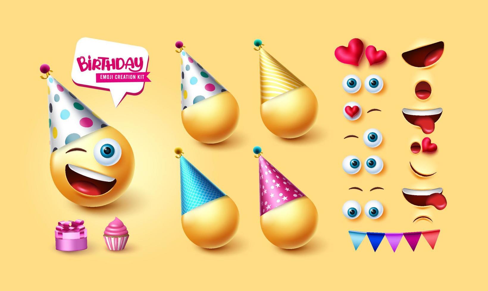cumpleaños emojis creador conjunto de vectores. Kit de personajes emoji 3d con expresión facial editable linda, feliz y amigable para el diseño de la colección de reacciones de emoticonos del día del nacimiento. ilustración vectorial. vector