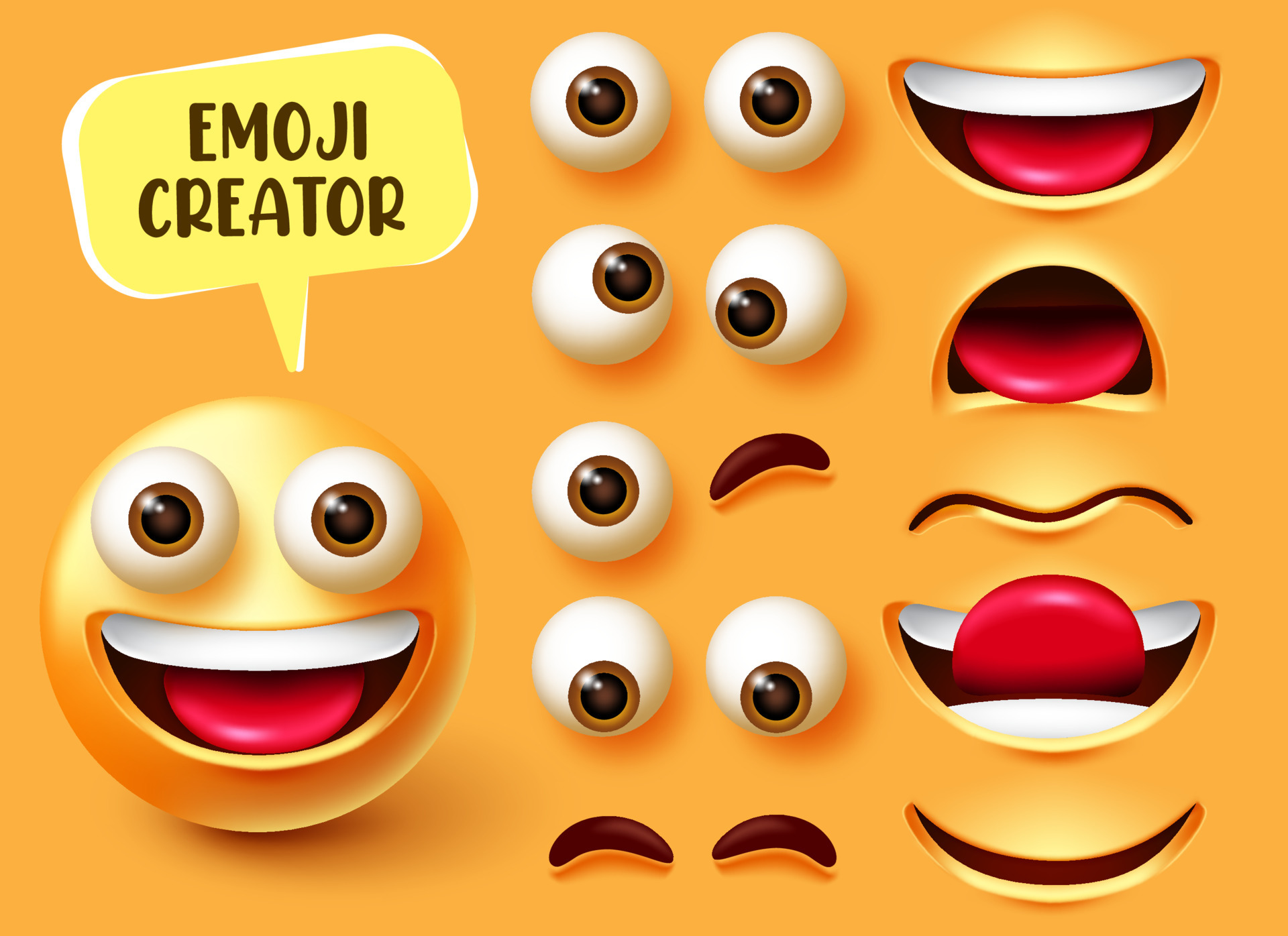 Emoji creator vector set design. Emoticon 3d character kit with editable face elements like eyes