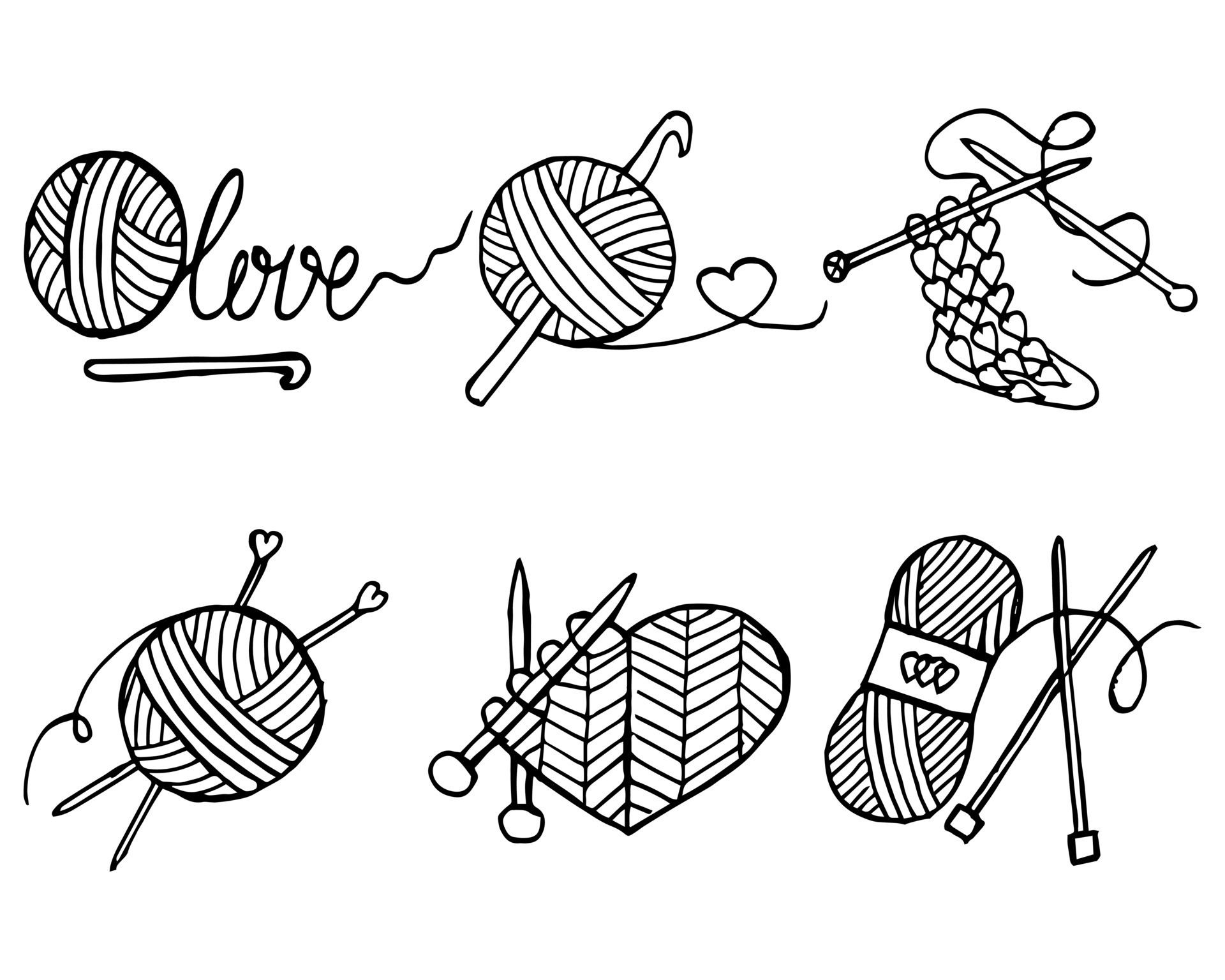 Illustration, a set of icons on the theme of Knitting, drawn skeins