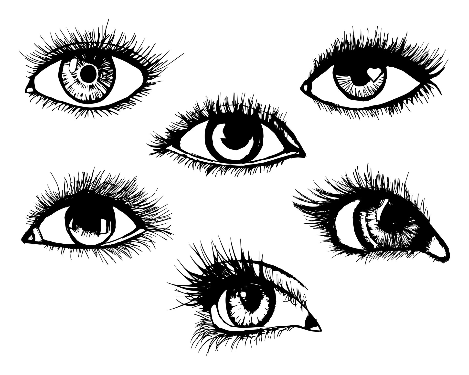 Set, line drawings of different eyes. Black and white design. Graphics