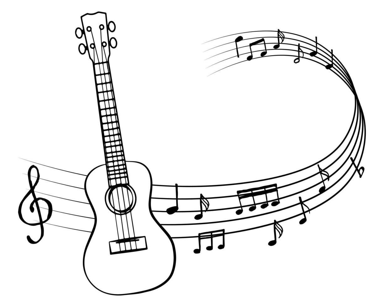 Ilustración de música, guitarra, signos de notación musical y clave de sol  en el pentagrama. elegante diseño en blanco y negro para logo, cartel,  banner. 4853728 Vector en Vecteezy