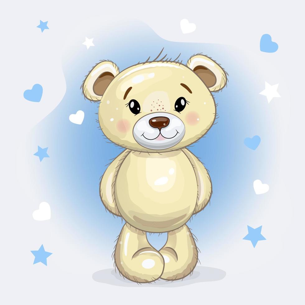 Cute Cartoon Teddy Bear isolated on a blue background with hearts and  stars. Vector illustration. 4853778 Vector Art at Vecteezy