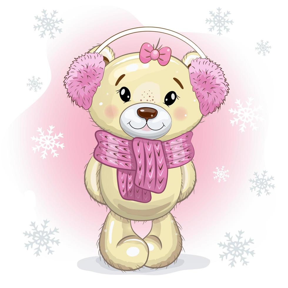Christmas card Cute Cartoon Teddy Bear Girl in fur headphones and a scarf on a pink - white background with snowflakes. Vector illustration.