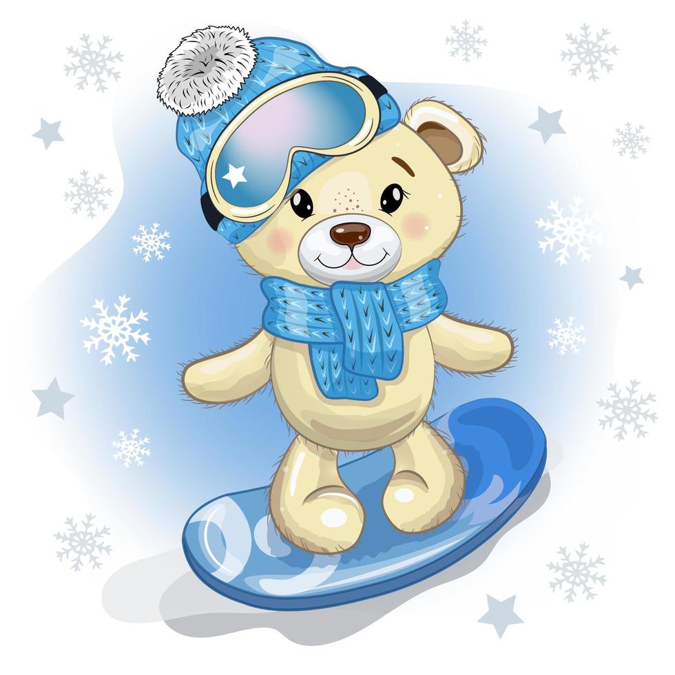 Cute Cartoon Teddy Bear in a knitted scarf, hat, glasses and on a snowboard. Vector winter illustration. New Year, Christmas illustration with snowflakes on the background.