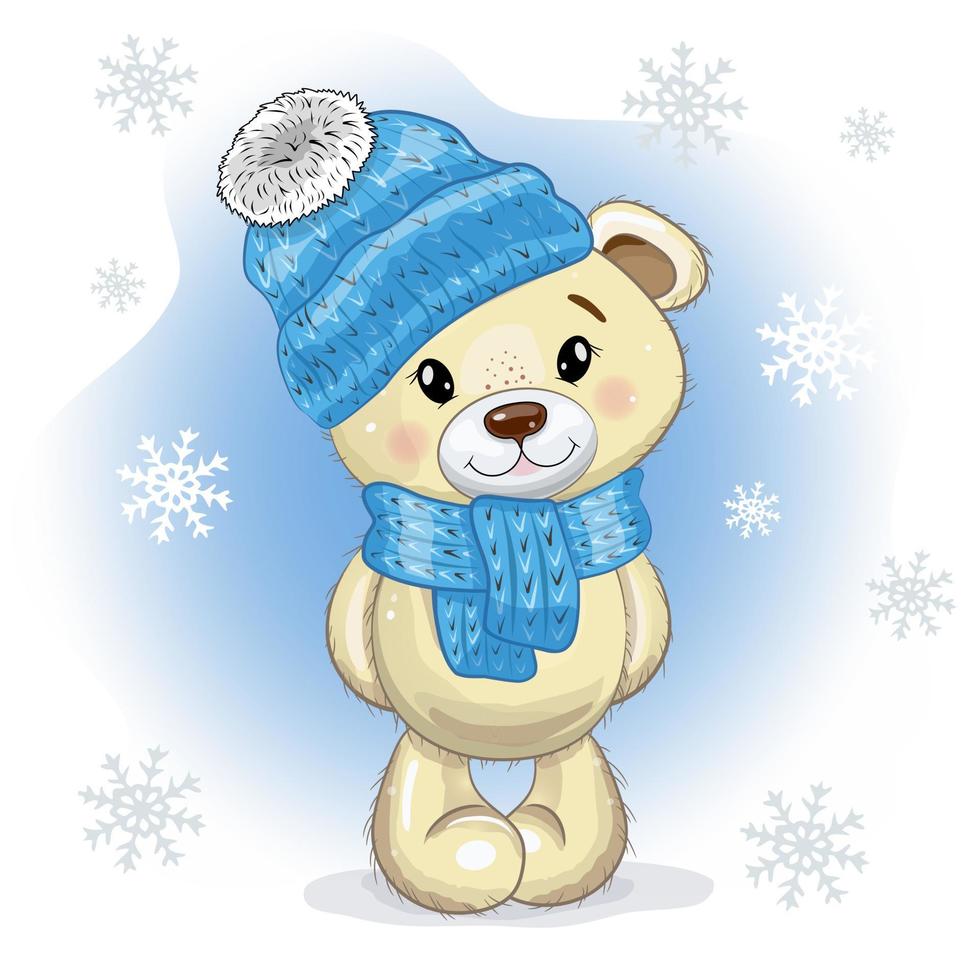 tarjeta de Navidad oso de peluche de dibujos animados lindo con un sombrero y una bufanda sobre un fondo azul - blanco con copos de nieve. vector