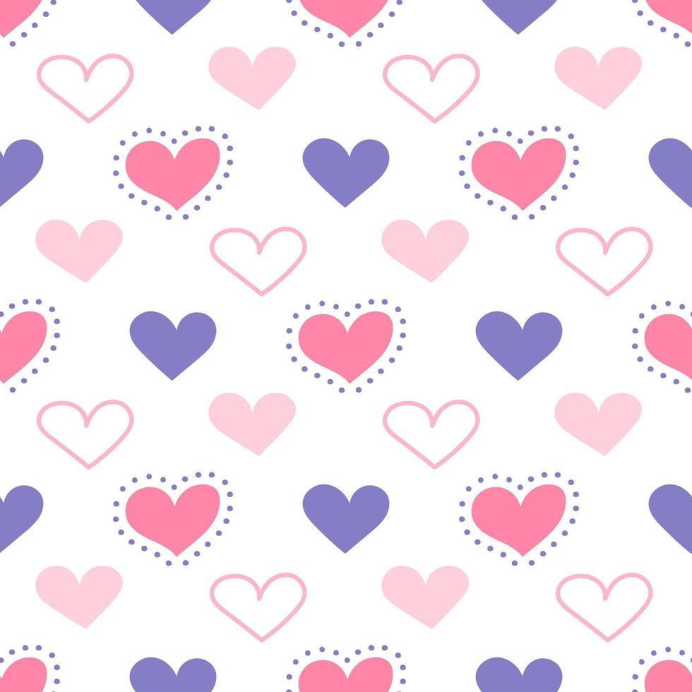 Pink and lilac hearts on white background, vector seamless pattern for Valentines Day