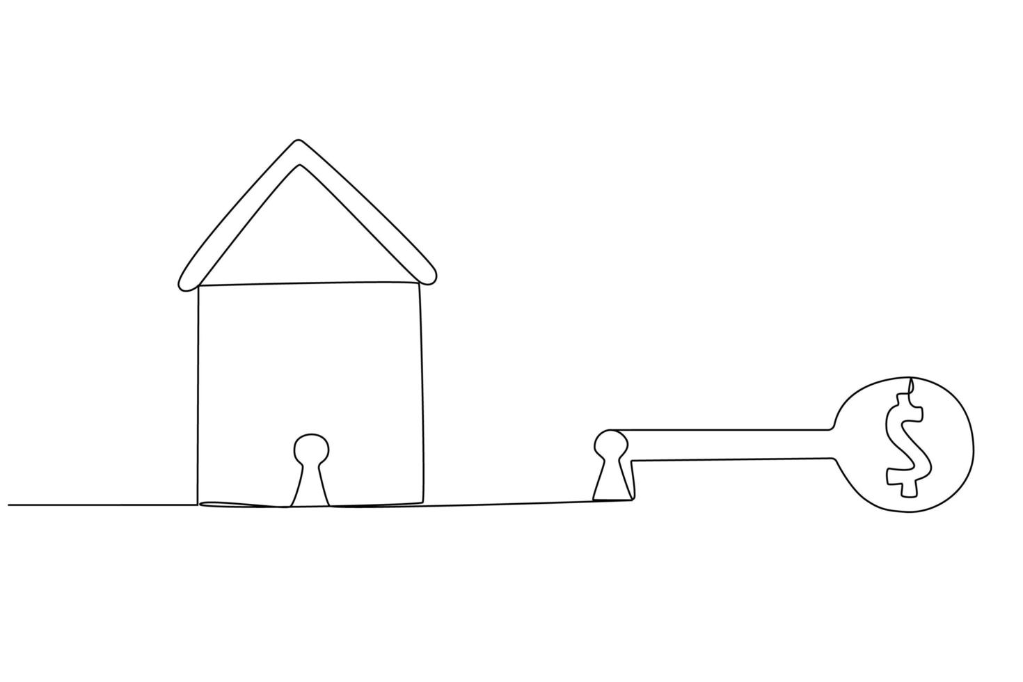 Continuous line drawing mortgage concept, the key opens the house. Vector illustration.