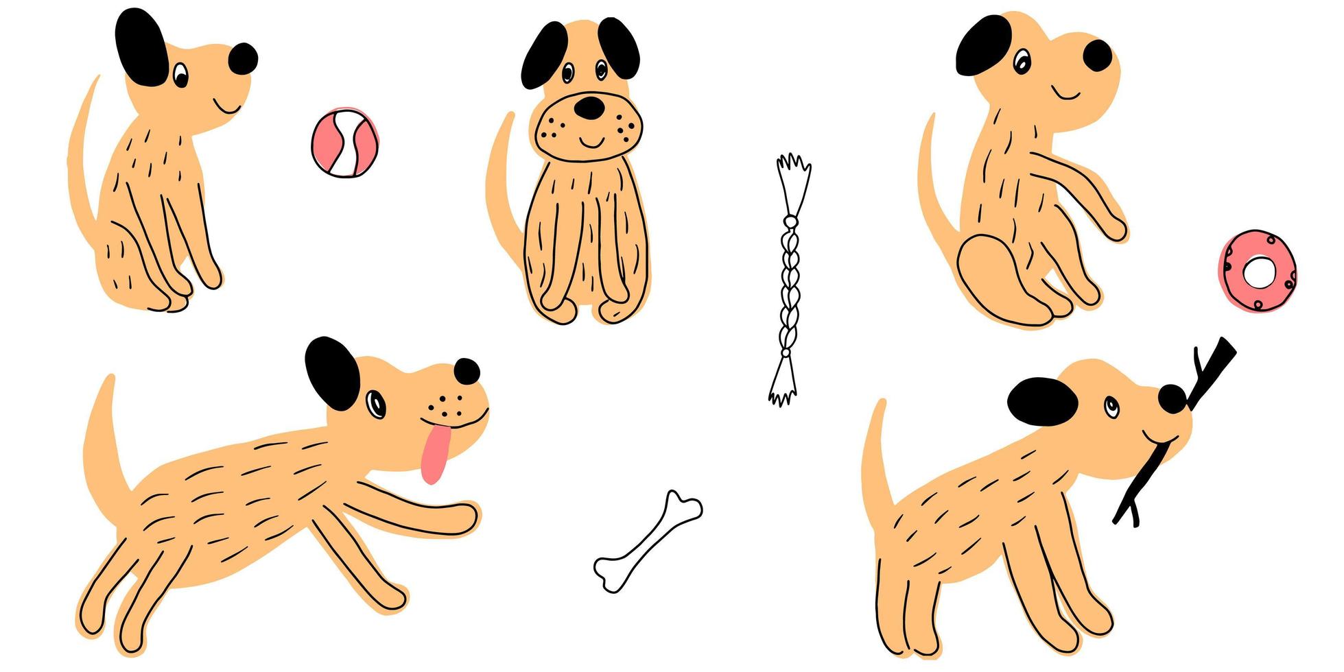 Vector set of cartoon cute dog illustration on white background. Puppy everyday activities set. Hand drawn.