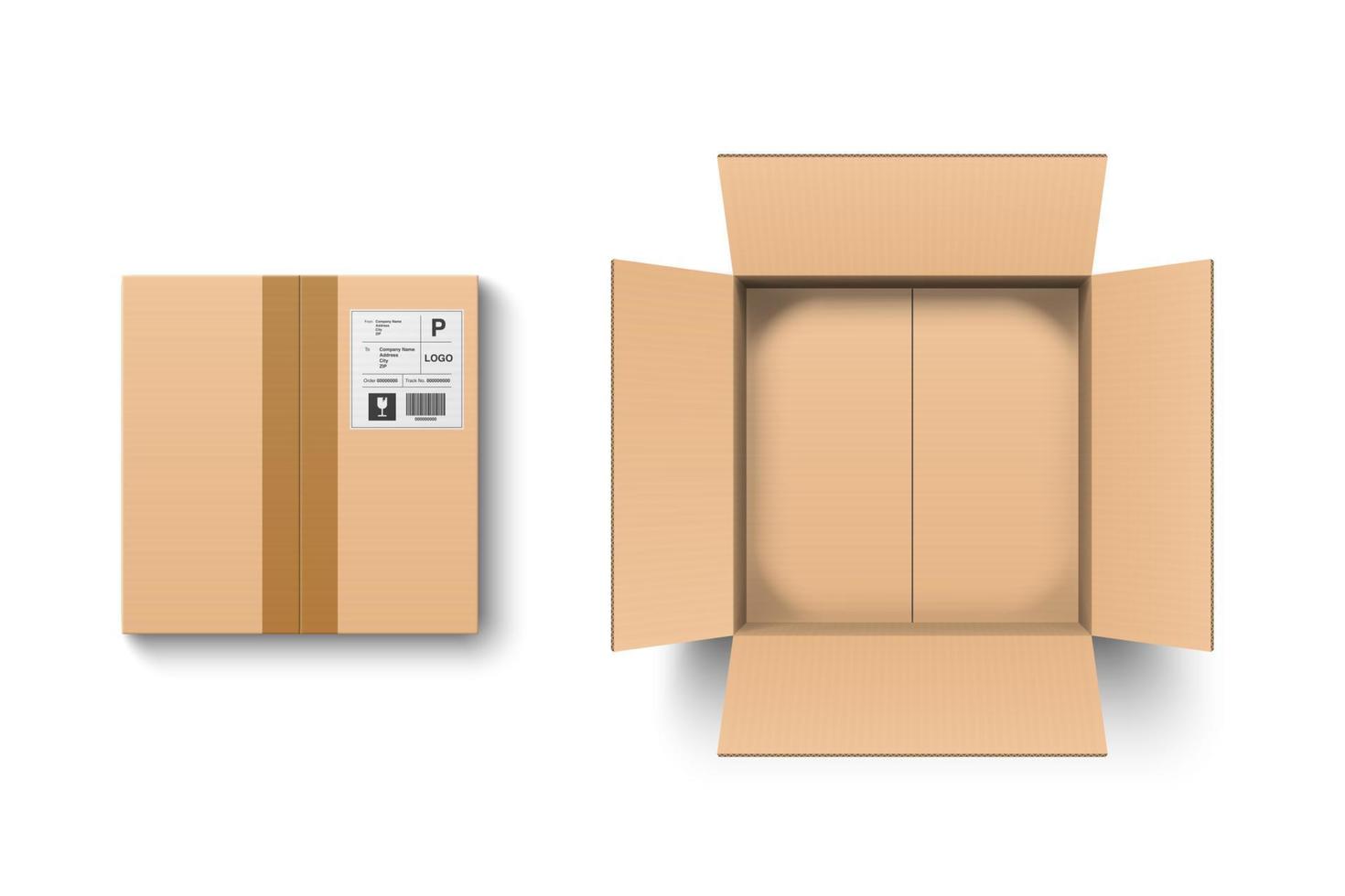 Top view open and closed cardboard box with shipment label  isolated on white background, vector illustration