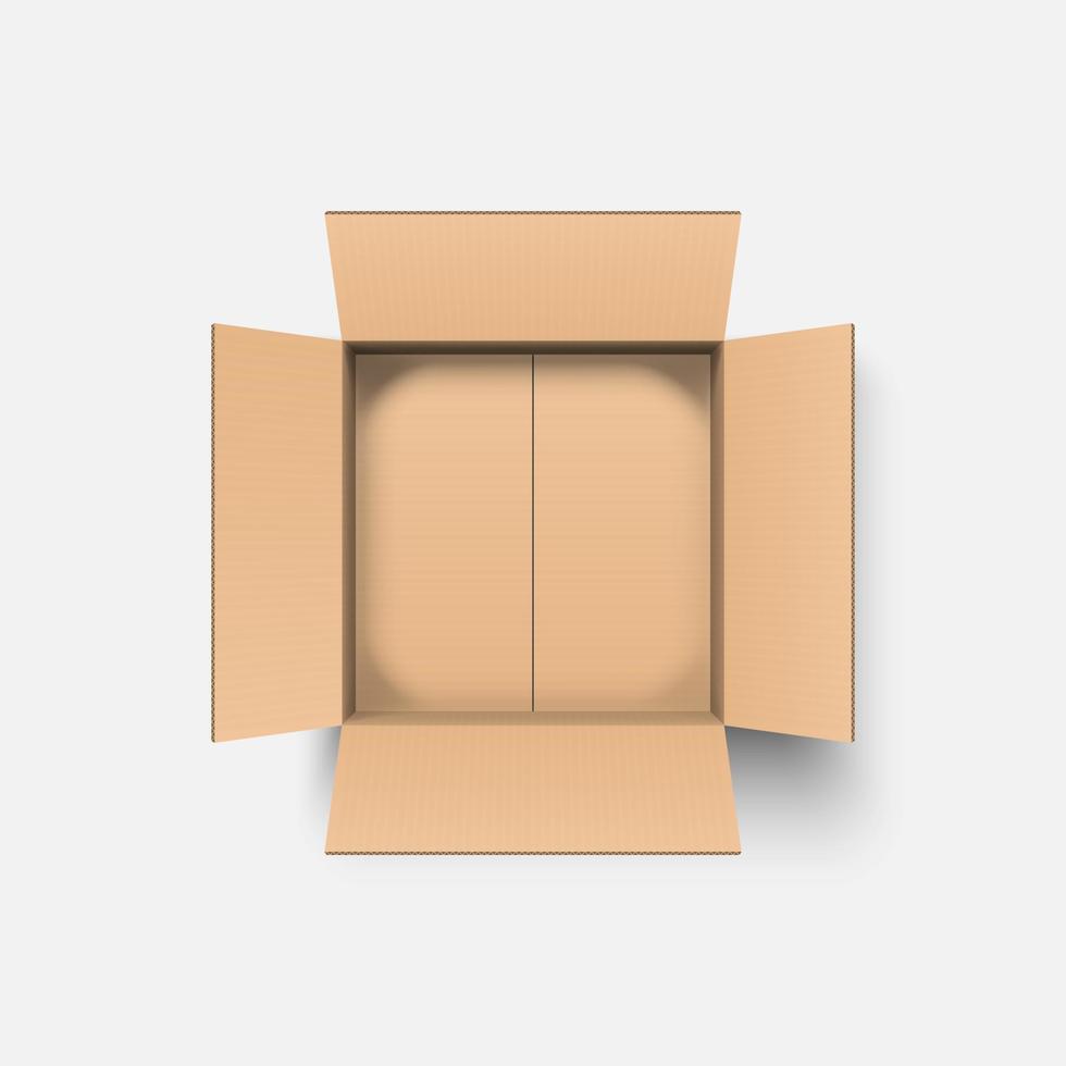 Top view open cardboard box mockup isolated on white background, vector illustration