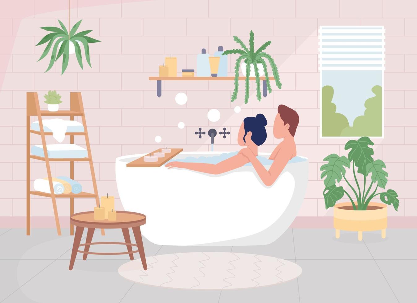 Couple taking bath flat color vector illustration