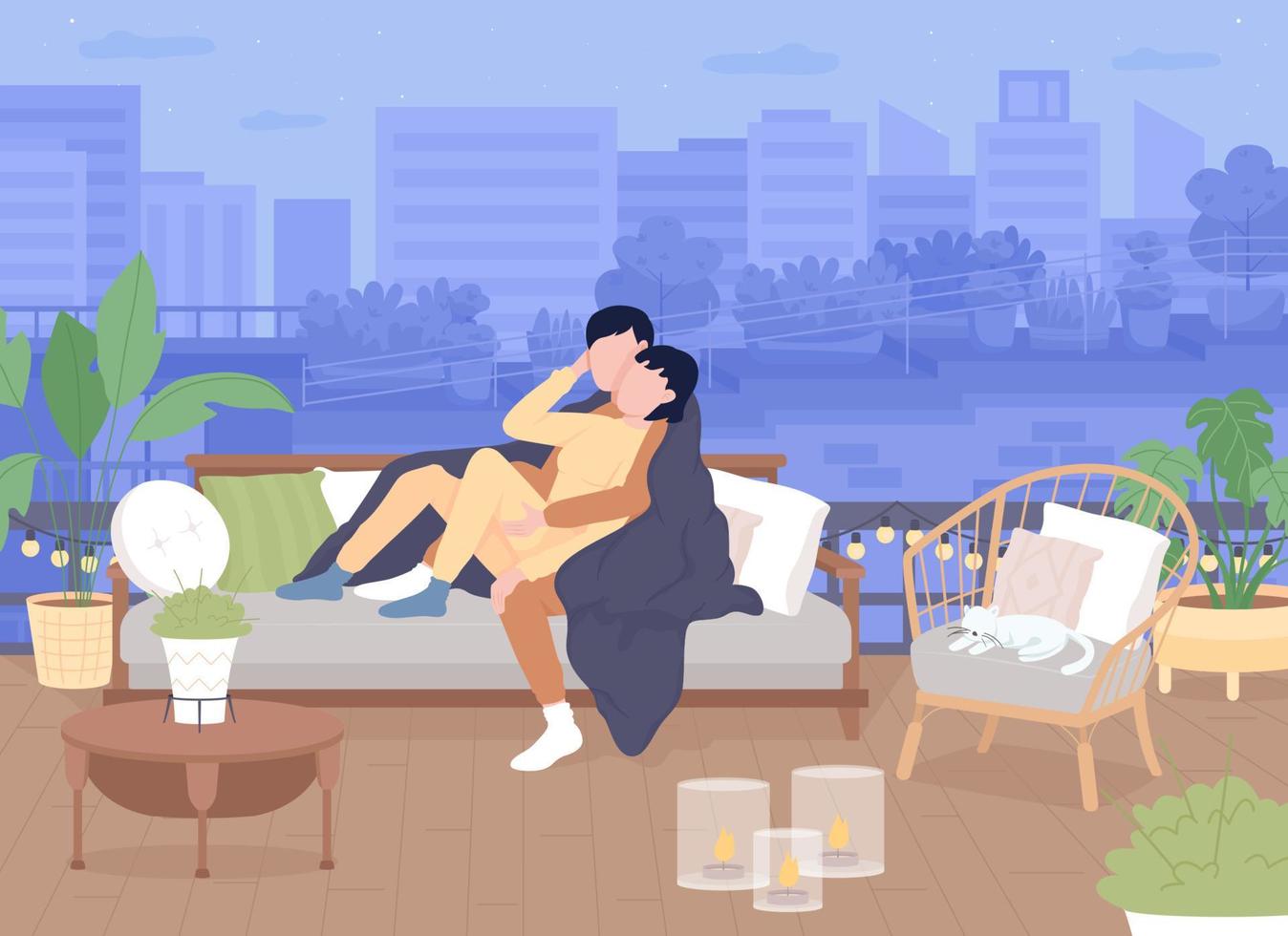 Romantic evening outdoors flat color vector illustration