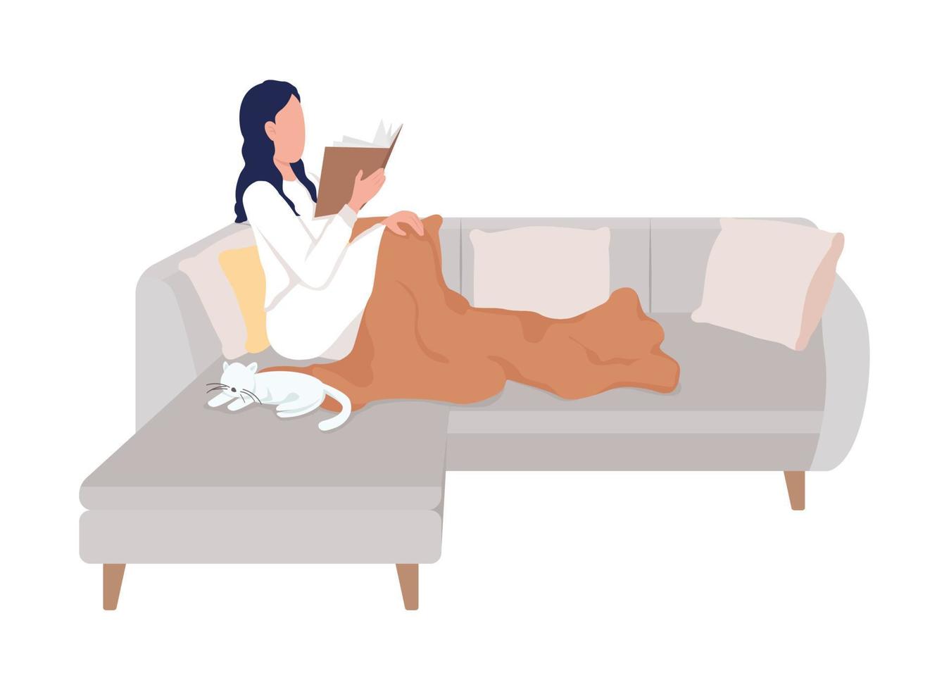 Woman reading on sofa semi flat color vector character