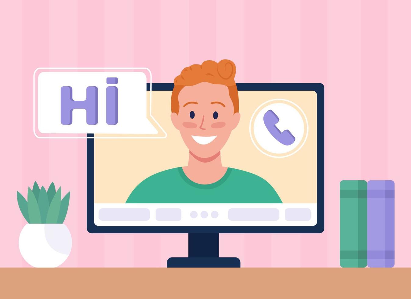 Online video call with friend flat color vector illustration