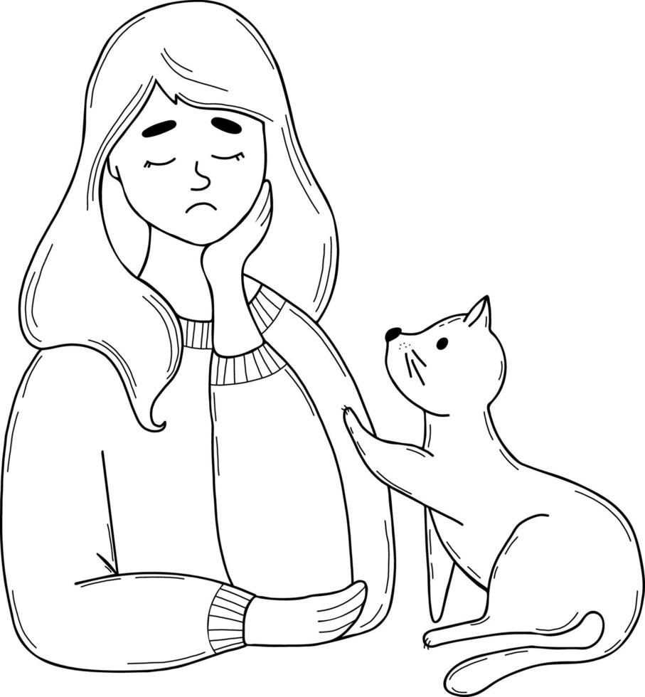Cute sad lonely girl with cat. Vector illustration. Linear hand drawing in doodle. outline Character for concept of emotion, sad holiday and loneliness