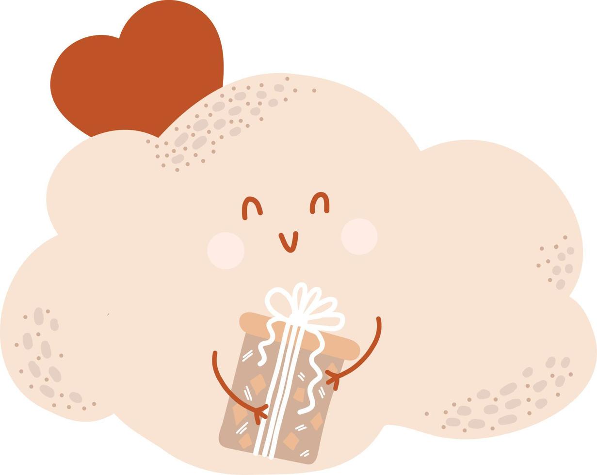 Cute cloud with gift. Vector illustration in Scandinavian style. Hand drawing for childrens collection, decor and design