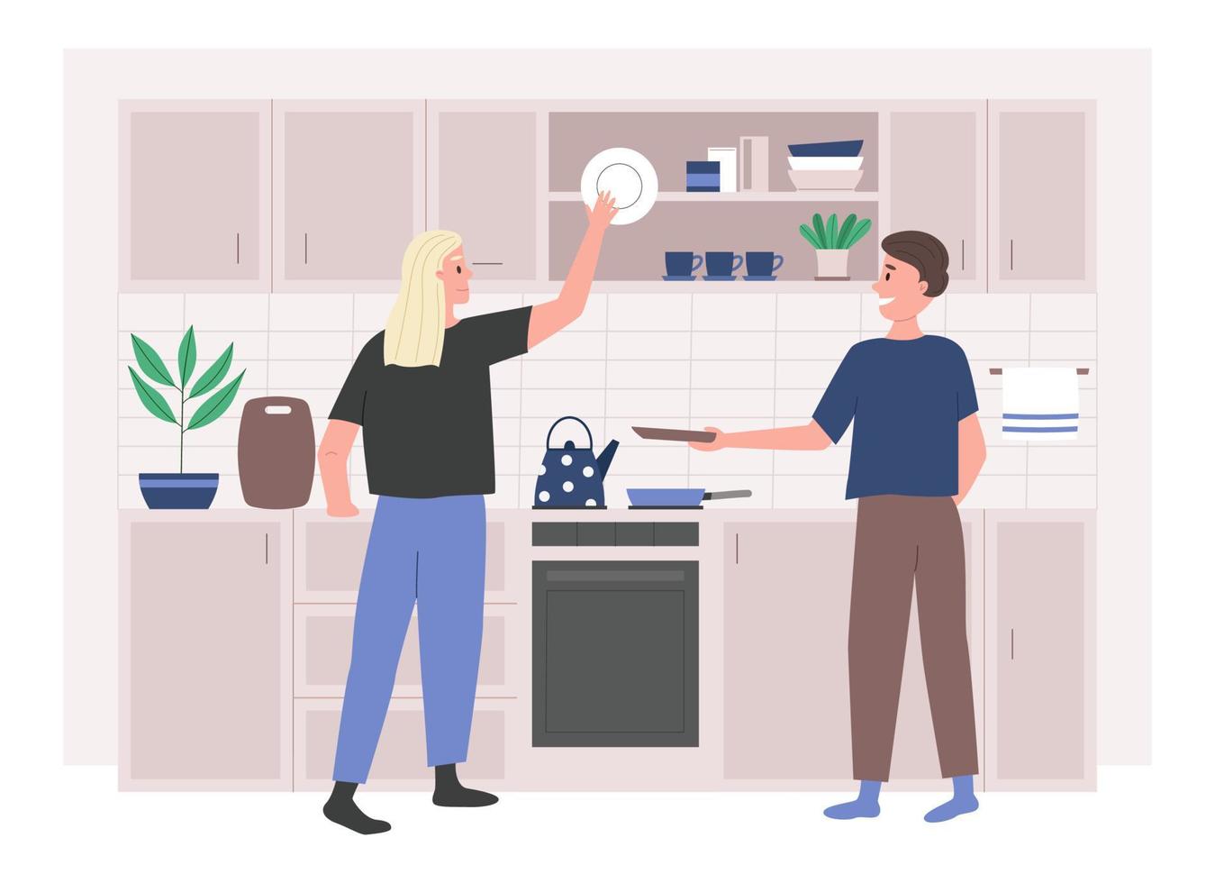 Man and woman wash dishes vector
