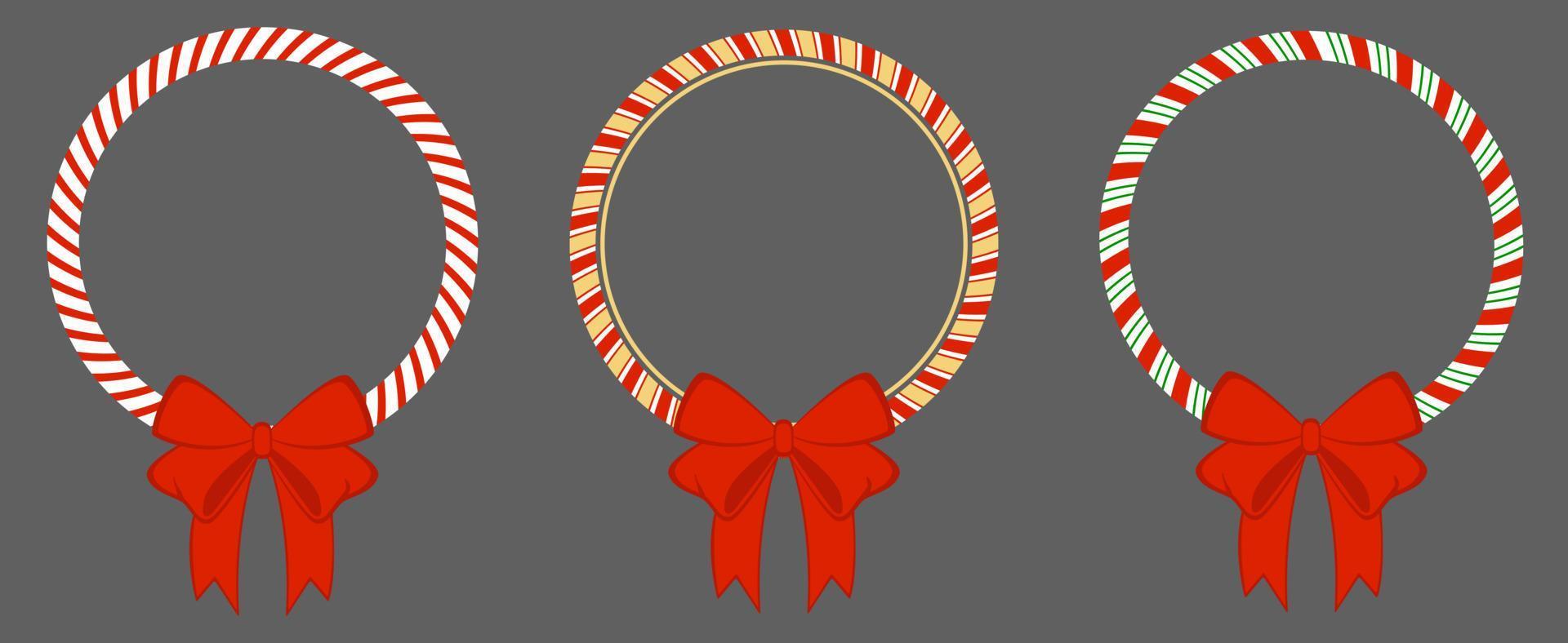 Circle frame candy cane. Red bow Christmas border. Isolated vector illustration, flat style.