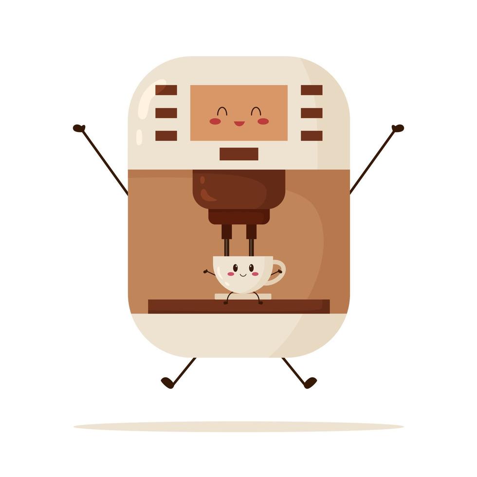 Cute happy coffee machine and cup character. Flat vector illustration in cartoon style isolated on white background.