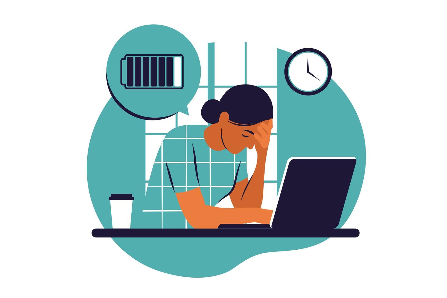 Tiredness concept. Professional burnout syndrome. Woman manager sitting at the office. Vector illustration. Flat