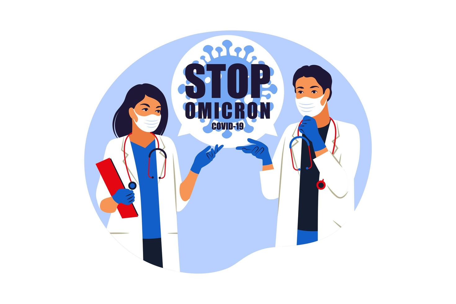 Stop Omicron virus. New strain of coronavirus. Practitioner young doctors consult and diagnose. Vector illustration. Flat.