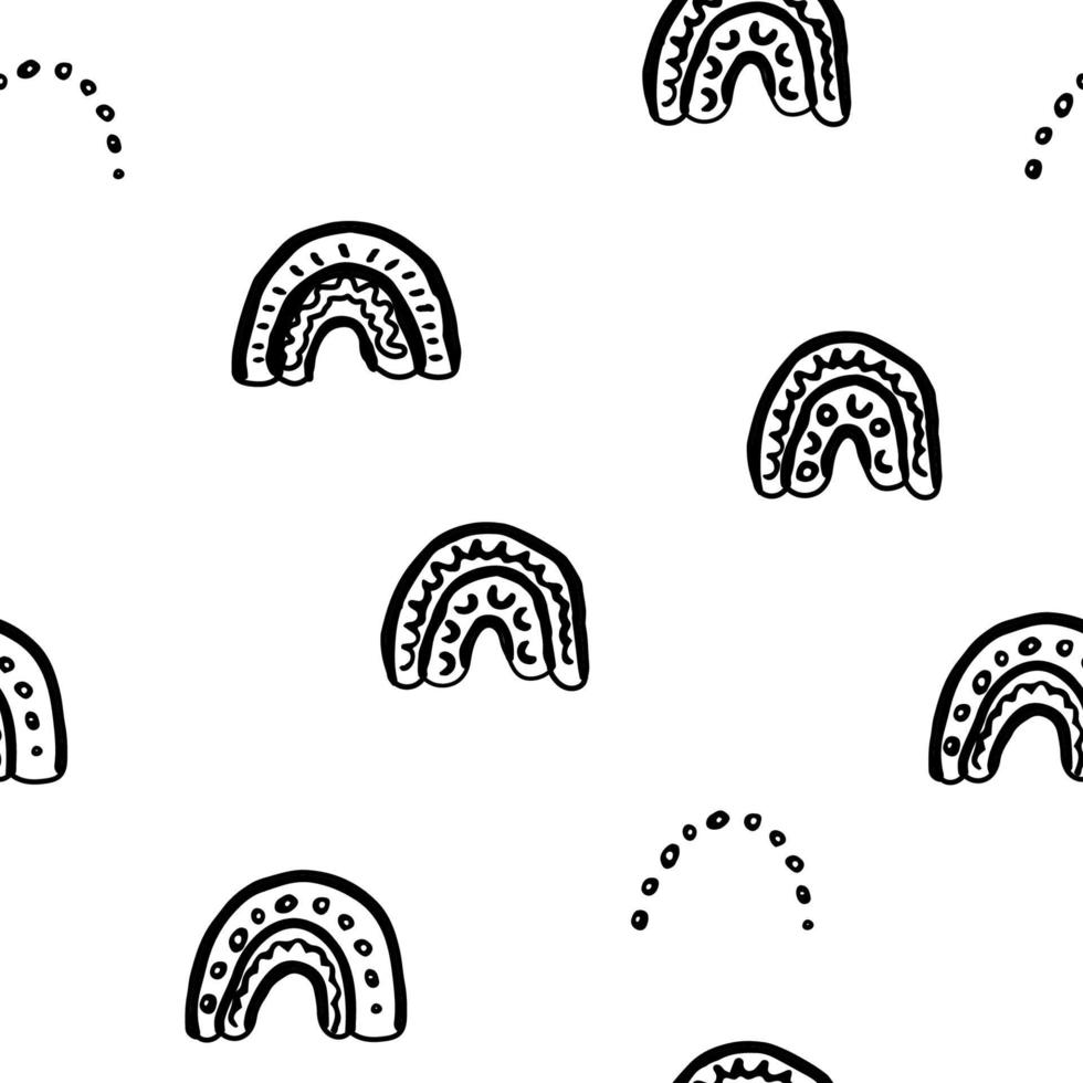 Black white rainbow outline seamless pattern. Vector hand drawn endless sketch illustration of monochrome elements for coloring book or apparel