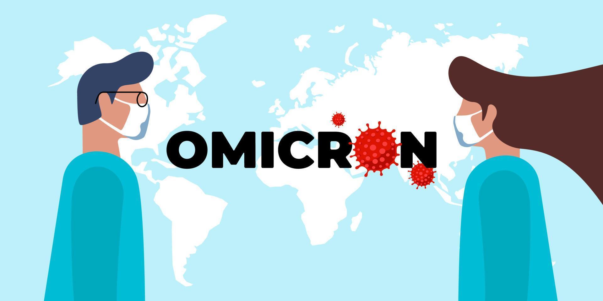 New coronavirus variant of COVID-19 strain omicron and doctors banner concept. World alert attack sign with medical staff doctor and nurse. Mutated corona virus outbreak vector eps illustration