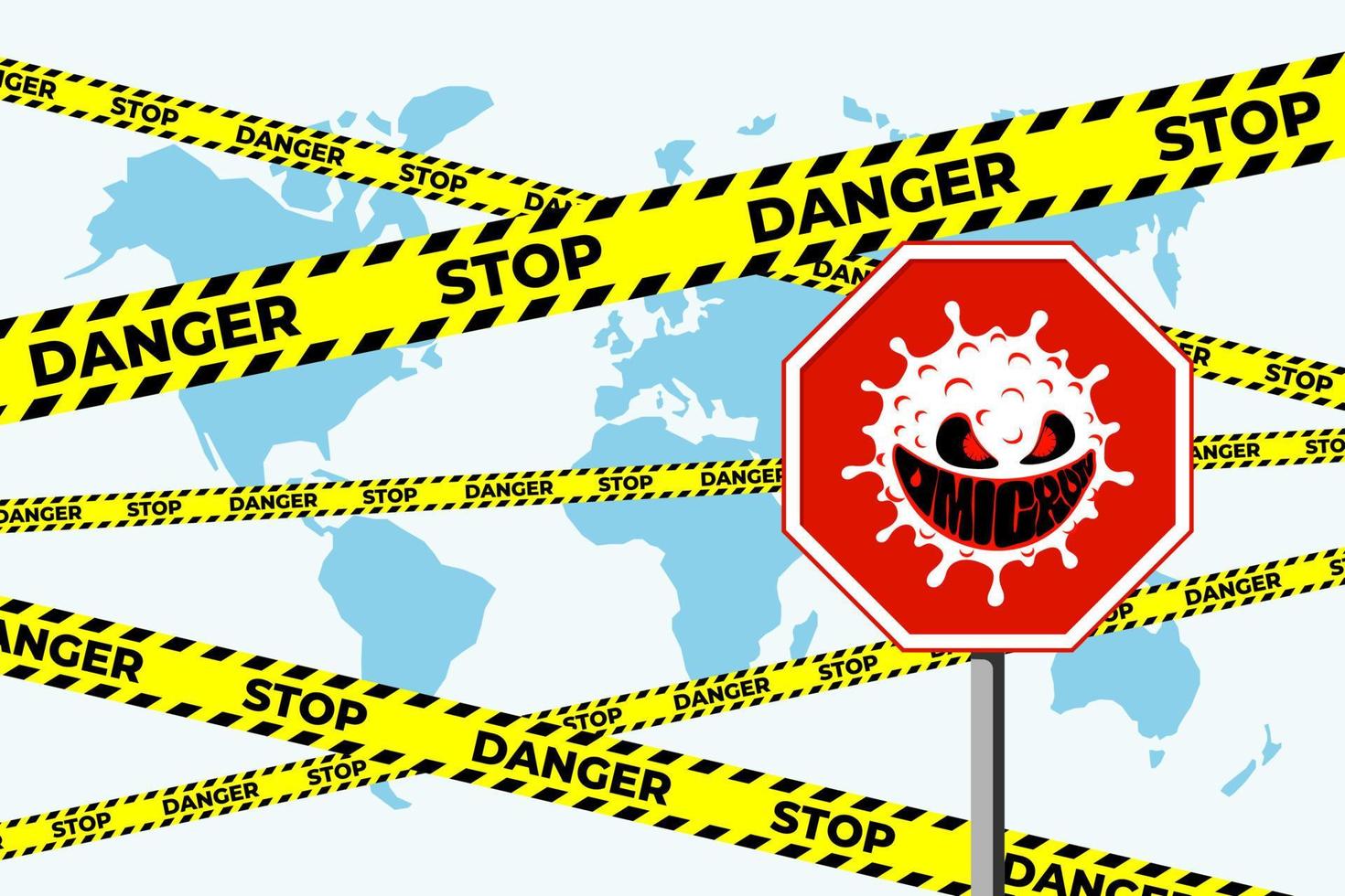 New coronavirus variant of COVID-19 strain omicron. World alert attack concept. Mutated corona virus outbreak and respiratory infection disease epidemic. Vector eps poster with yellow protective tapes