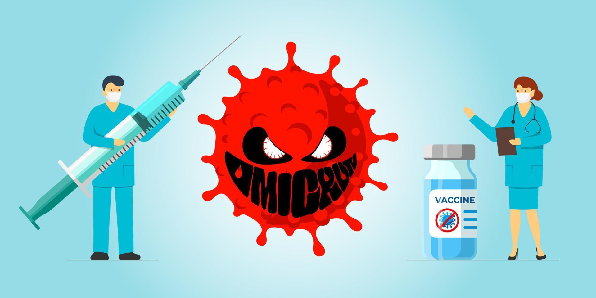 New coronavirus variant of COVID-19 strain omicron and vaccination concept. Medical staff doctor and nurse standing near mutated corona virus outbreak. Respiratory infection epidemic and doctors. Eps vector