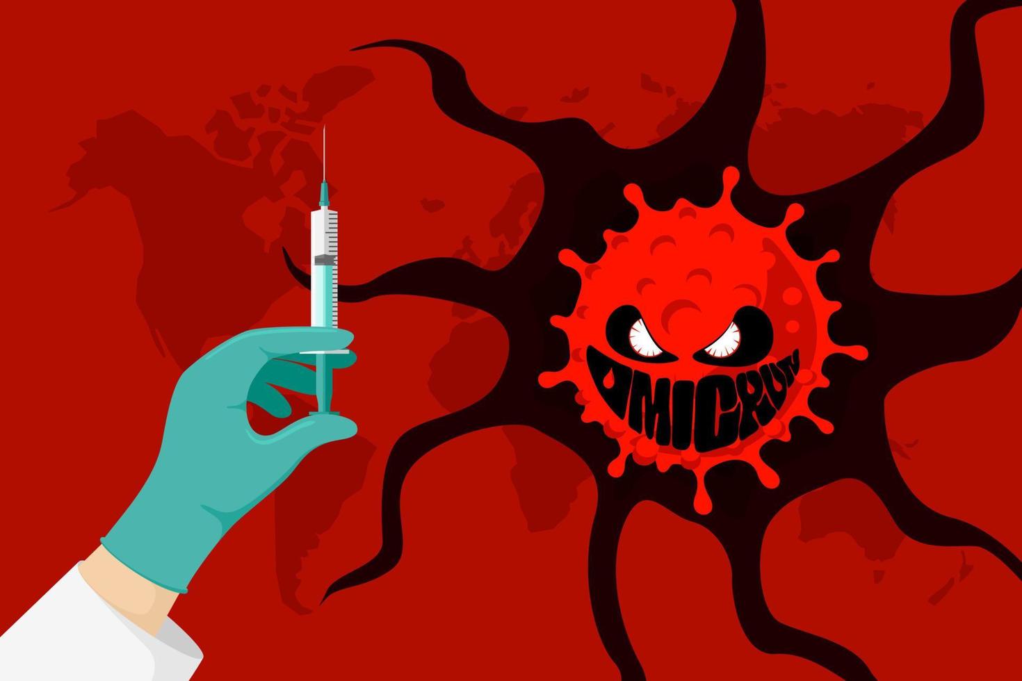 New coronavirus variant of COVID-19 strain omicron. World alert attack concept. Mutated corona virus outbreak and respiratory infection disease epidemic. Vaccine in doctor hand. Vector illustration