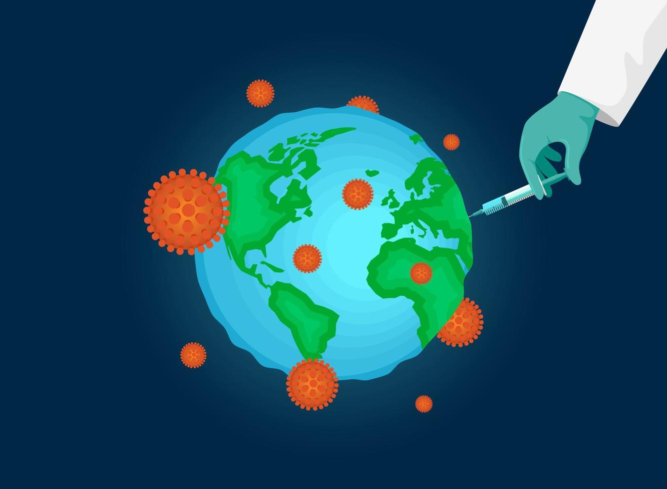 La mano del médico en el guante verde inyecta la jeringa de la vacuna contra la infección por coronavirus en el planeta tierra. concepto de vacunación mundial de la enfermedad covid-19. campaña mundial de inmunización de protección médica humana 2019-ncov vector