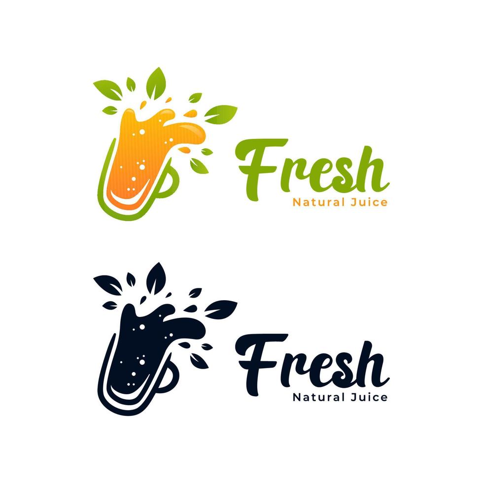 icono de logotipo de barra de jugo saludable de fruta natural slurpy con splash de jugo de naranja y hoja de naturaleza verde vector