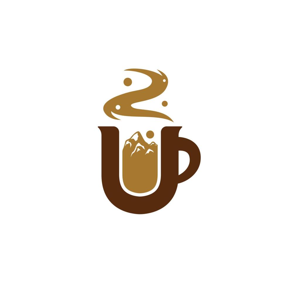 Letra u logotipo de café con ilustración de montaña dentro del símbolo de icono de taza vector