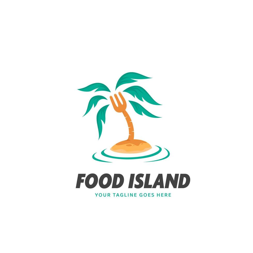 icono del logotipo de la isla de alimentos con un tenedor como palmera en una isla aislada vector