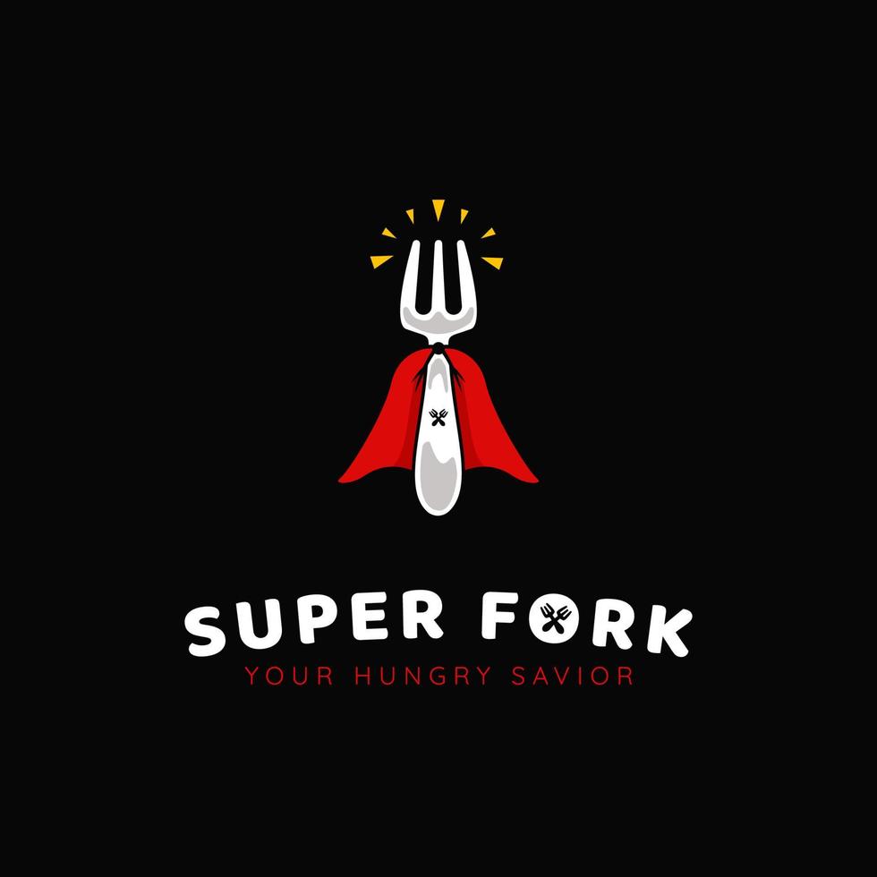 foodie superhero super fork logo, catering de restaurante de comida y bebida con tenedor y logo de icono de super cape vector