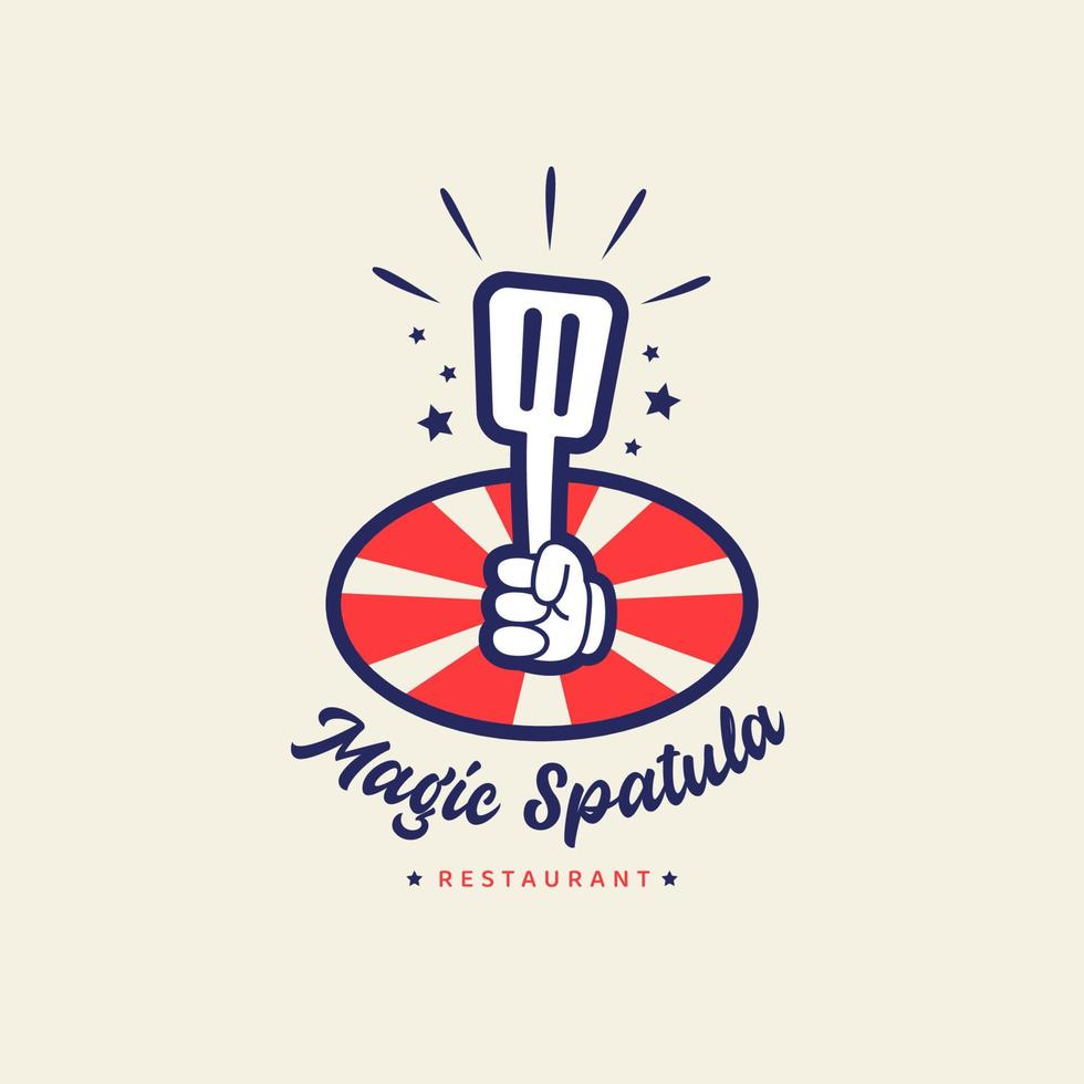 Magic spatula restaurant cafe bistro logo with hand holding magical spatula in cartoon retro vintage style badge icon vector